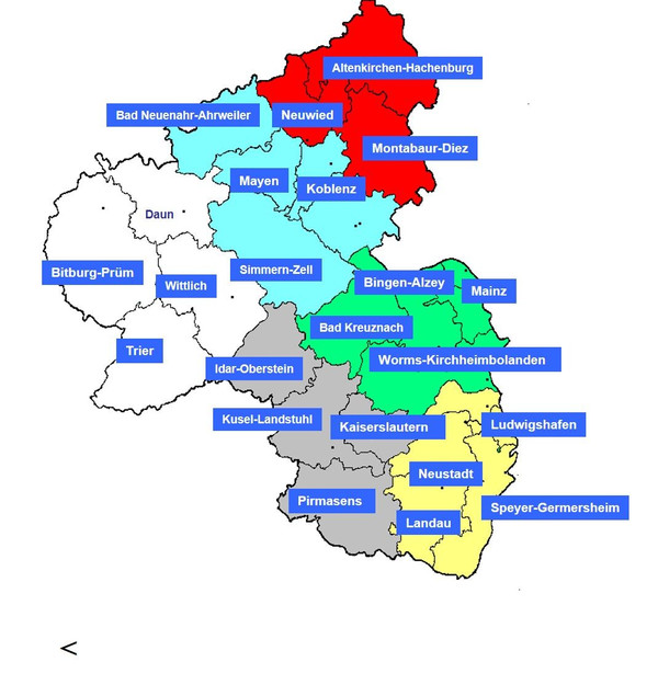 Landkarte Rheinland-Pfalz mit den Finanztsamtsstandorten